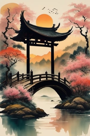 ink scenery, no humans, sunset, lake in the middle of the forest, big trees, blooming branches, flower on the water, big Japanese gate. Chinese bridge over the pond, muted colors, negative space, chinese ink drawing