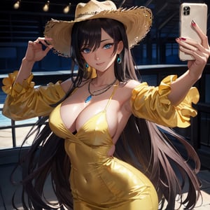 masterpiece, (realistic: 1.3), photorealistic, best quality, selfie, cowboy hat, necklace, yellow dress, upper body, smile, look at viewer, wide hips, nice breasts, medium breasts, extremely long hair, hair black color, blue eyes, beautiful eyes, female body, sexy expression