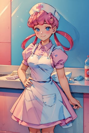 ((masterpiece, best quality)), nurse joy, pokemon, blue eyes, closed mouth, long hair, pink hair, short sleeves, nurse, blush, short puff sleeves, puff sleeves, nurse hat, 1 girl, looking at spectator, smile, alone, hat, dress, apron, hair rings, (wide hips, medium breasts, beautiful eyes, sexy)