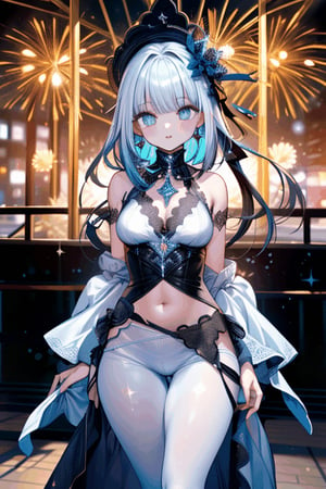 (masterpiece, best quality: 1.5), vivid, vibrant, 1 girl, alone, fantasy, look at viewer, crystallized eyes, white dress, neckline, neckline cut, crystallized hair decorations, glitter, sparkling eyes, bokeh, sparkles, colorful background, street, fireworks in the sky, (wide hips, medium breasts) ,monochrome,High detailed 
