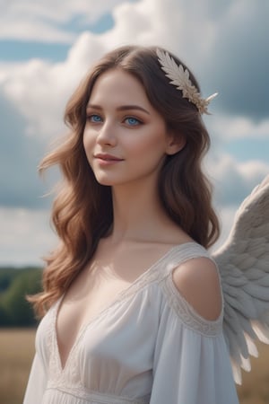 Beautiful angel woman, analog photography, professional fashion photo shoot, left profile photo, hyperrealistic, masterpiece, trend on artstation, kirsty, blue eyes, flirty smile, brown hair, angel wings, clouds around, mystical