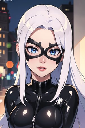 straight-on,upper body,looking at viewer,
long hair,white hair,lipstick,blue eyes,makeup,lips,large breasts, collarbone, red lips, claws, very long hair, mask, bodysuit, domino mask, gloves, choker, white gloves, collar, superhero, black bodysuit, fur trim, cleavage,skin tight, zipper, spiked collar, unzipped, jewelry, black choker, latex, shiny, center opening, official art, extremely detailed CG unity 8k wallpaper, perfect lighting, Colorful, Bright_Front_face_Lighting,shiny skin, (masterpiece:1.0),(best_quality:1.0), ultra high res,4K,ultra-detailed, photography, 8K, HDR, highres, (absurdres:1.2), Kodak portra 400, film grain, blurry background, (bokeh:1.2), lens flare,(vibrant_color:1.2), professional photograph,(beautiful_face:1.5), black_cat,spblackcat,hourglass body shape