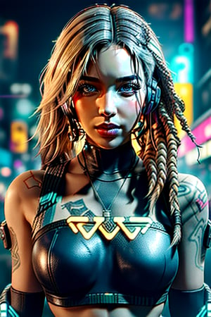 a close up of a person with headphones on, cyberpunk 2 0 7 7 character art, jessica rossier color scheme, cybernetic dreadlocks, picture of a female biker, photoreal render, psytrance artwork, connected, terminals, colorful character faces, unsplash 4k, cyborg merchant woman, neon graffiti