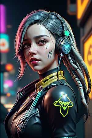 a close up of a person with headphones on, cyberpunk 2 0 7 7 character art, jessica rossier color scheme, cybernetic dreadlocks, picture of a female biker, photoreal render, psytrance artwork, connected, terminals, colorful character faces, unsplash 4k, cyborg merchant woman, neon graffiti