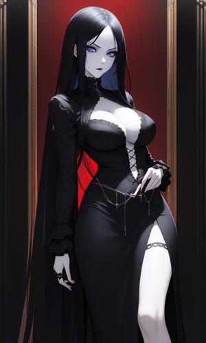 masterpiece,  best quality,  detailed face,  detailed eyes,  highres,  SFW,  Gothic style, blue eyes, long black hair, red and black attire, seductive pose, slender frame, pale skin, tall, dark background