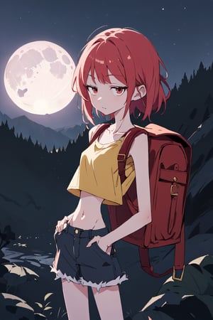 by oda non by yogisya, a very skinny woman from the side, red head, lace and sexy baggy crop top, very baggy shorts, heavy backpack on his back, outside, on the mountain at night, detailed background, night, intimacy, soft moon lighting, masterpiece, best quality, high quality, highres, absurdres, very detailed, high resolution, sharp, sharp image, 8k, vivid, colorful, stunning, anime, aesthetic, skinny