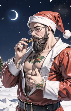 solo,((old man)),(Santa Claus beard:1.3),(cowboy shot:1.2),santa hat,(muscular:1.2),Naked upper body,Tattoo on chest,Mouth smoking a cigar,glasses,falling_snow,moon,night_sky,boichi manga style