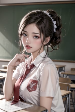 portrait,(Random_hairstyle:1.5),big red lips, pale_skin,realistic skin,girl,in the classroom,
school uniform,
