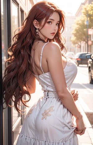 (extremely detailed:1.4),solo,((teen girl)),(red hair),(long and wavy hair:1.5),huge breasts,cowboy shot,niji5,perfect light,A-line sundress,