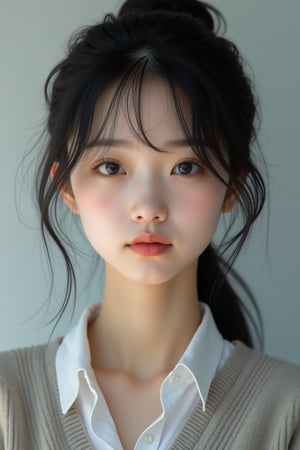 A photorealistic portrait of a young Asian woman with messy black hair, neatly styled, and flawless, glowing skin. She has a calm expression with slightly pursed lips and almond-shaped dark eyes that reflect soft studio lighting. She is dressed in a minimalist school uniform, and the background is a light gray gradient that emphasizes her features. The focus is on capturing intricate details such as skin texture, hair strands, and the subtle play of light and shadow on her face.