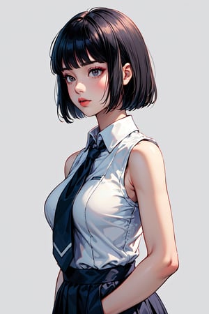 ((masterpiece,best quality,absurdres)),(girl),solo,(black hair),blunt bangs,short hair,(School uniform,sleeveless),big breasts,make up,(upper body:1.3),(model_stance:1.2),simple_background,