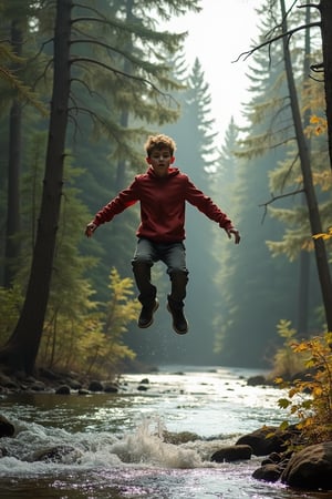 This image shows a person, possibly a teenage boy, in mid-air as he leaps over a river in a forest. The setting is natural, surrounded by tall trees with sunlight streaming in, possibly during autumn or early winter, as the trees appear to have some colorful foliage. The person seems focused, displaying an adventurous spirit, as they take a large jump across the river, which flows calmly beneath.