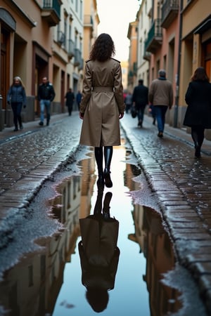 walking woman in a trenchcoat is reflected in a puddle on a cobblestone street, old town, wet, aidmaExperimentalPhotography