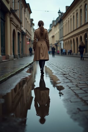 walking woman in a trenchcoat is reflected in a puddle on a cobblestone street, old town, wet, aidmaExperimentalPhotography