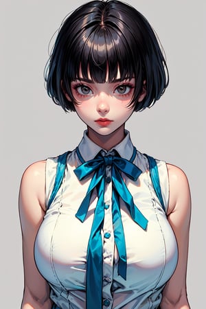 ((masterpiece,best quality,absurdres)),(girl),solo,(black hair),blunt bangs,short hair,(School uniform,sleeveless),big breasts,make up,(upper body:1.3),(model_stance:1.2),simple_background,