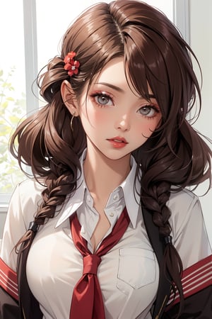 portrait,(Random_hairstyle:1.5),big red lips,small breasts,detailed skin, sexy woman,school uniform,