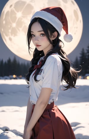 solo, ((little girl)),(long hair),(Random_hairstyle:1.5),cowboy shot,Realism,short sleeve student uniform,skirt,santa hat,moon,snow,