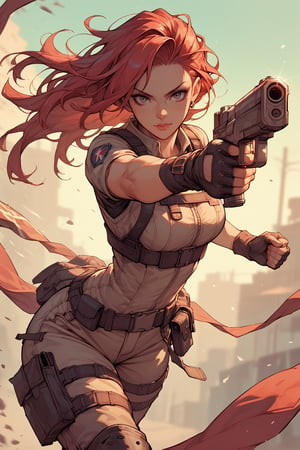 (score_9, score_8_up:1.1), score_7_up,solo,
Female  soldier,red hair,looking at viewer,Comic Book-Style 2d,long shot,bokeh,dynamic_pose,holding the gun,