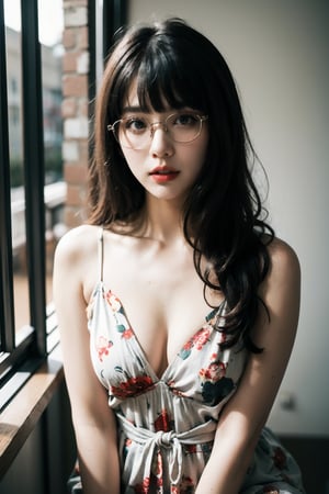 (masterpiece:1.2),(best quality:1.2),realistic,(Waist Shot:1.4),solo,((girl)),
Face(make up,red lips,slightly parted lips,chubby,glasses,)
Hair(black,blunt bangs,Pixie,long hair,)
Skin(pale_skin,real,)
Floral_printed_romper,Detailedface,