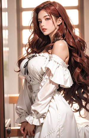 (extremely detailed:1.4),solo,((teen girl)),(red hair),(long and wavy hair:1.5),huge breasts,cowboy shot,niji5,perfect light,black Off-the-shoulder ruffle sundress