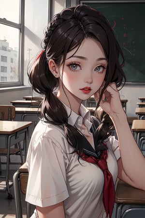 portrait,(Random_hairstyle:1.5),big red lips, pale_skin,detailed skin,girl,in the classroom,school uniform,