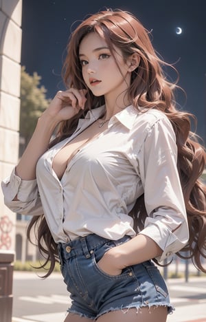 (extremely detailed:1.4),solo,((teen girl)),(light red hair),(long and wavy hair:1.5),huge breasts,cowboy shot,moon,night_sky,niji5,perfect light,collared shirt,(cleavage),short shorts,