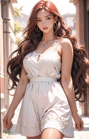 (extremely detailed:1.4),solo,((teen girl)),(red hair),(long and wavy hair:1.5),huge breasts,cowboy shot,niji5,perfect light,A-line sundress,
