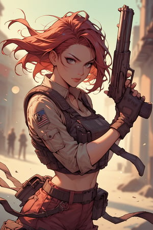 (score_9, score_8_up:1.1), score_7_up,solo,
Female  soldier,red hair,looking at viewer,Comic Book-Style 2d,long shot,bokeh,dynamic_pose,holding the gun,