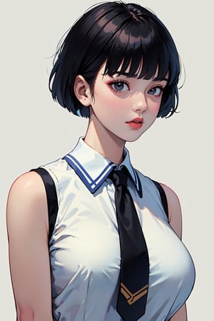 ((masterpiece,best quality,absurdres)),(girl),solo,(black hair),blunt bangs,short hair,(School uniform,sleeveless),big breasts,make up,(upper body:1.3),(model_stance:1.2),simple_background,