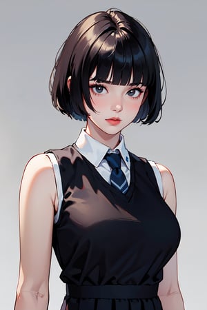 ((masterpiece,best quality,absurdres)),(girl),solo,(black hair),blunt bangs,short hair,(School uniform,sleeveless),big breasts,make up,(upper body:1.3),(model_stance:1.2),simple_background,