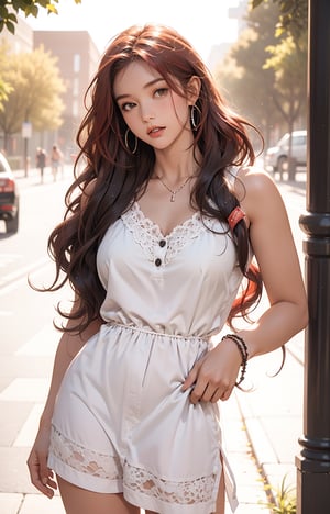 (extremely detailed:1.4),solo,((teen girl)),(red hair),(long and wavy hair:1.5),huge breasts,cowboy shot,niji5,perfect light,A-line sundress,