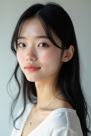 A photorealistic portrait of a young Asian woman with straight black hair, neatly styled, and flawless, glowing skin. She has a calm expression with slightly pursed lips and almond-shaped dark eyes that reflect soft studio lighting. She is dressed in a minimalist white blouse, and the background is a light gray gradient that emphasizes her features. The focus is on capturing intricate details such as skin texture, hair strands, and the subtle play of light and shadow on her face.