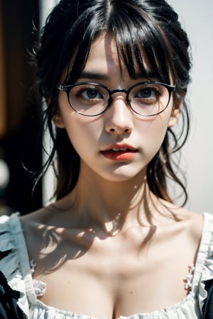 (masterpiece:1.2),(best quality:1.2),realistic,(extremely detailed face:1.4),(Waist Shot:1.4),solo,((girl)),
Face(make up,red lips,slightly parted lips,chubby,glasses,)
Hair(black,blunt bangs,Pixie,)
Skin(pale_skin,real,)
A-line sundress,Detailedface,