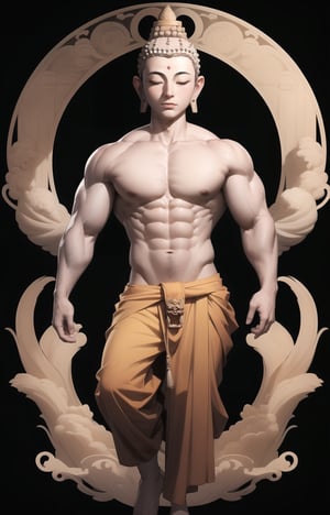 (masterpiece:1.2),(best quality:1.2),(extremely detailed:1.2),(photo realistic:1.2),(extremely detailed face),(ultra detailed),solo,((Buddha)),(full_body:1.3),(muscular:1.5),Muscular upper arms,Naked upper body,Close eyes, black_background,