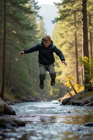 This image shows a person, possibly a teenage boy, in mid-air as he leaps over a river in a forest. The setting is natural, surrounded by tall trees with sunlight streaming in, possibly during autumn or early winter, as the trees appear to have some colorful foliage. The person seems focused, displaying an adventurous spirit, as they take a large jump across the river, which flows calmly beneath.