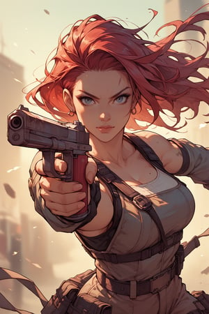 (score_9, score_8_up:1.1), score_7_up,solo,
Female  soldier,red hair,looking at viewer,Comic Book-Style 2d,long shot,bokeh,dynamic_pose,holding the gun,