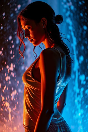 A woman stands with her back and side profile visible, surrounded by splashing water. She is illuminated by warm orange and cool blue lighting, creating a striking contrast. Her wet skin glistens under the light, and her expression is soft and contemplative as she looks slightly downward. The scene is dynamic and vivid, with the water adding a sense of movement and energy.