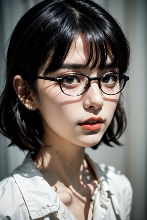 (masterpiece:1.2),(best quality:1.2),realistic,(extremely detailed face:1.4),(Waist Shot:1.4),solo,((girl)),
Face(make up,red lips,slightly parted lips,chubby,glasses,)
Hair(black,blunt bangs,Pixie,)
Skin(pale_skin,real,)
Collared shirt,Detailedface,