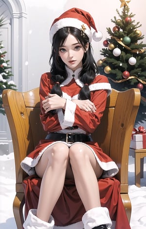 boichi manga style,solo,((mature female)),(long hair),(Random_hairstyle:1.5),middle breasts,cowboy shot,Santa Claus suit,santa hat,snow,Christmas tree,sitting the chair,