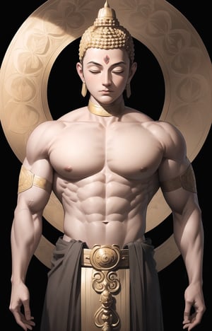 (masterpiece:1.2),(best quality:1.2),(extremely detailed:1.2),(photo realistic:1.2), (extremely detailed face),(ultra detailed),((A Buddha)), full_body,golden body,(muscular:1.4),Muscular upper arms,Close eyes,black_background,