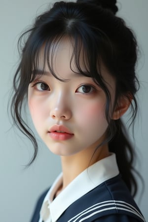 A photorealistic portrait of a young Asian woman with messy black hair, neatly styled, and flawless, glowing skin. She has a calm expression with slightly pursed lips and almond-shaped dark eyes that reflect soft studio lighting. She is dressed in a minimalist school uniform, and the background is a light gray gradient that emphasizes her features. The focus is on capturing intricate details such as skin texture, hair strands, and the subtle play of light and shadow on her face.