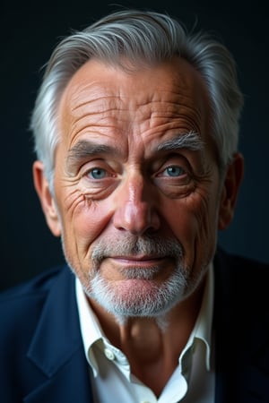 A hyper-realistic close-up portrait of an elderly man with deep-set blue eyes and a wrinkled face, showing years of wisdom and experience. His gray hair is neatly combed back, and he has a well-groomed short beard. He is wearing a dark blue suit and white shirt. The lighting is soft, with a slight shadow cast on one side of his face, adding depth to the image. The background is a solid dark color, making the features stand out prominently.