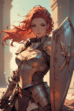 (score_9, score_8_up:1.1), score_7_up,solo,
Female knight,armor,red hair,hands holding a huge shield,looking at viewer,Comic Book-Style 2d,long shot,bokeh,