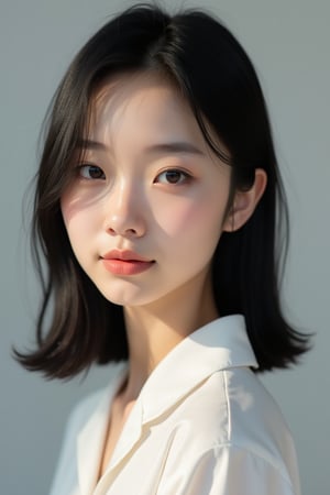 A photorealistic portrait of a young Asian woman with straight black hair, neatly styled, and flawless, glowing skin. She has a calm expression with slightly pursed lips and almond-shaped dark eyes that reflect soft studio lighting. She is dressed in a minimalist white blouse, and the background is a light gray gradient that emphasizes her features. The focus is on capturing intricate details such as skin texture, hair strands, and the subtle play of light and shadow on her face.