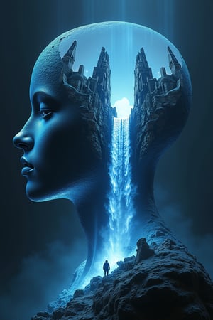 epic surreal image, sihlouette double-head merge filigrane Bioluminescent cast ruins relief, Julia sets fractal become indistinct dynamic, double exposure head and giant waterfall