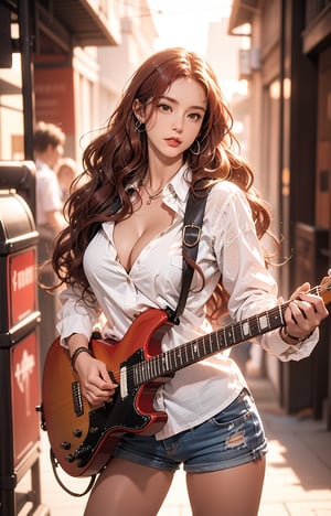 (extremely detailed:1.4),solo,((mature female)),(red hair),(long and wavy hair:1.5),huge breasts,cowboy shot,niji5,perfect light,collared shirt,(cleavage:1.3),short shorts, playing guitar,