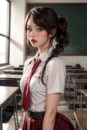 portrait,(Random_hairstyle:1.5),big red lips, pale_skin,realistic skin,girl,in the classroom,
school uniform,