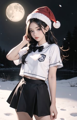 solo, ((little girl)),(long hair),(Random_hairstyle:1.5),cowboy shot,Realism,short sleeve student uniform,skirt,santa hat,moon,snow,