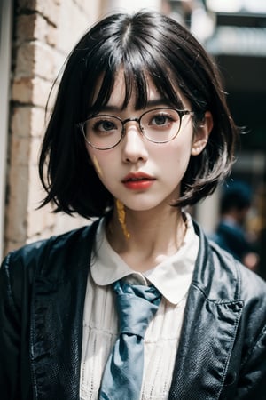 (masterpiece:1.2),(best quality:1.2),realistic,(extremely detailed face:1.4),(Waist Shot:1.4),solo,((girl)),
Face(make up,red lips,slightly parted lips,chubby,glasses,)
Hair(black,blunt bangs,Pixie,)
Skin(pale_skin,real,)
School uniform,Detailedface,