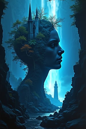 epic surreal image, sihlouette double-head merge filigrane Bioluminescent cast ruins relief, Julia sets fractal become indistinct dynamic, double exposure head and giant waterfall